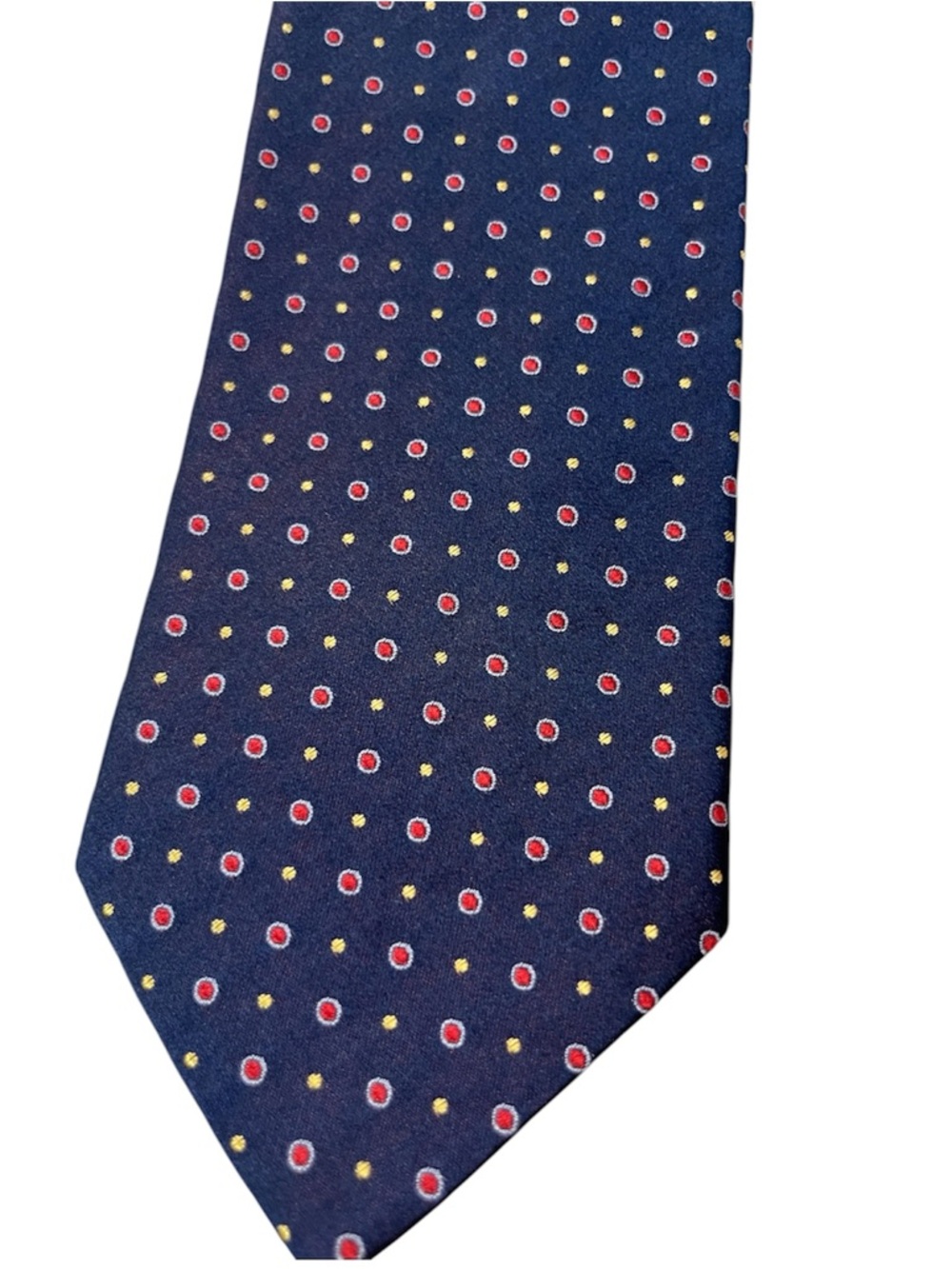 Boss Men's Navy Blue Polka Dot Silk Tie - Red & Yellow Dots Classic